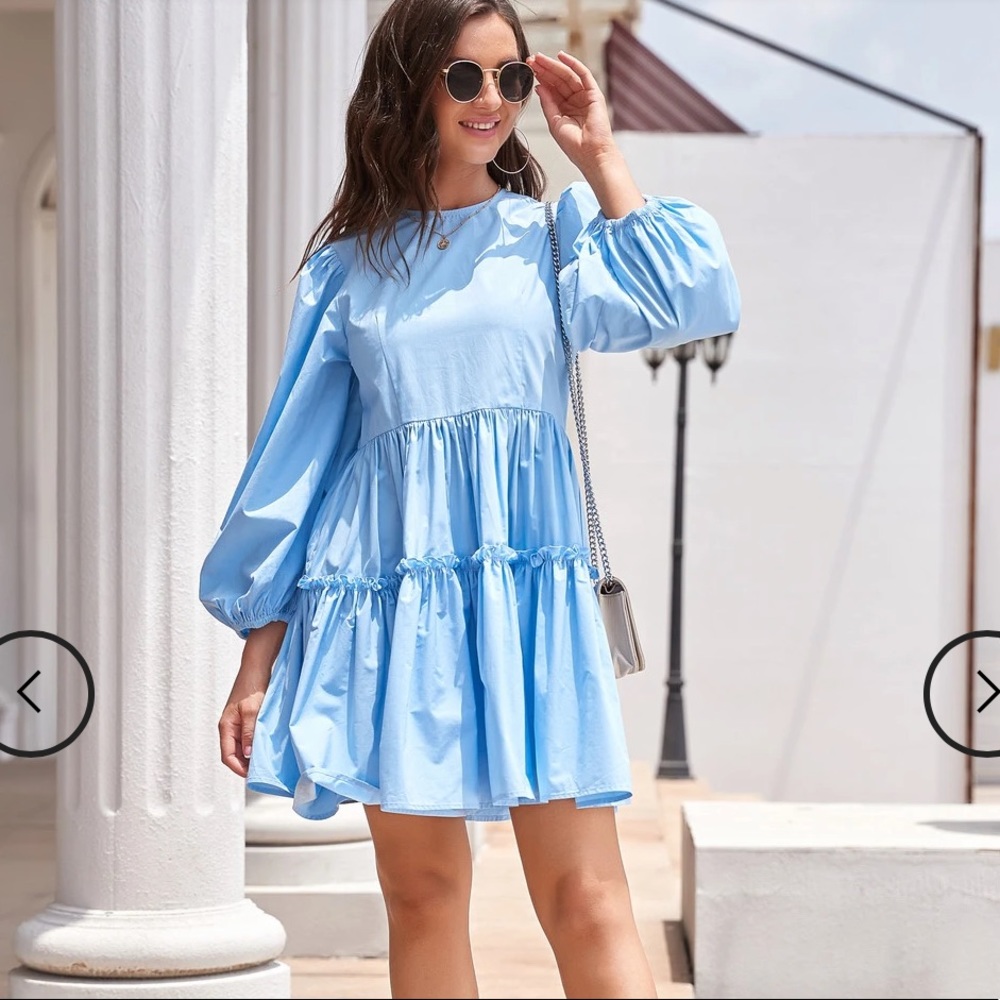 NWT UUNIQ Cornflower Blue Puff Sleeve Tiered Ruffle Mini Dress S Cottagecore